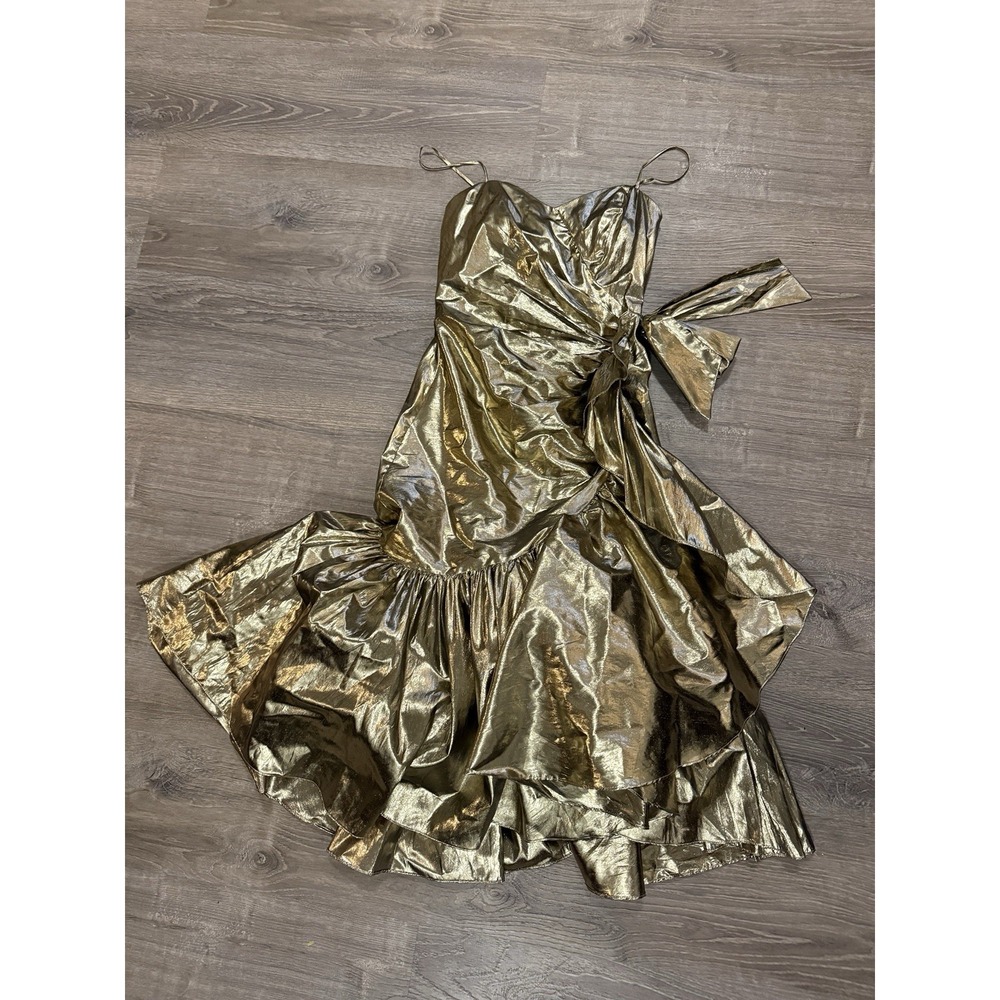 Vintage 1980s Gold Tone Lamè Prom Dress By Steppin Out Mkd Sz 7 80's Glam